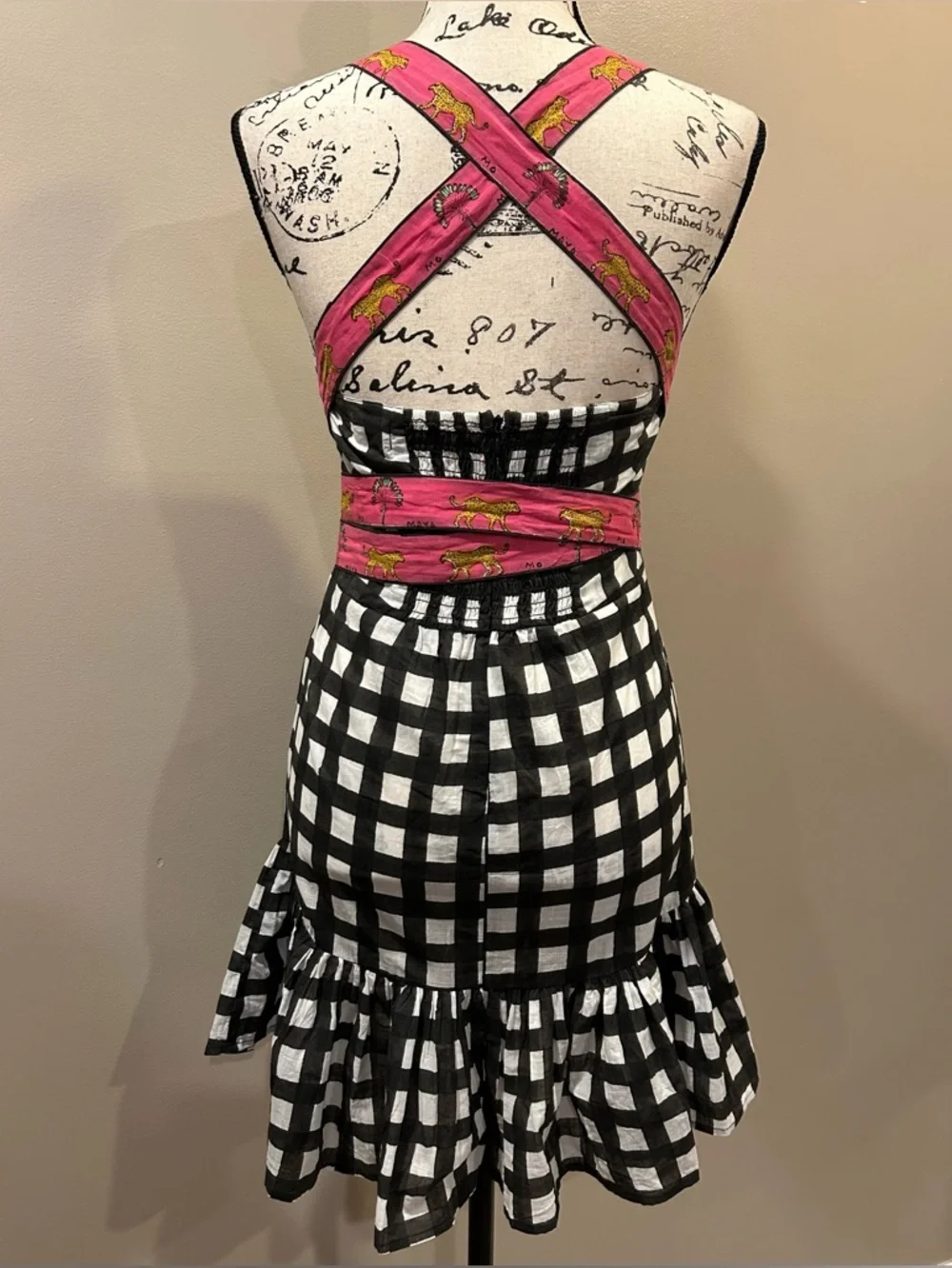Mo Maya Luna Check and Leopard Print Strap Square Neckline Sleeveless Mini Dress - Picture 15 of 16